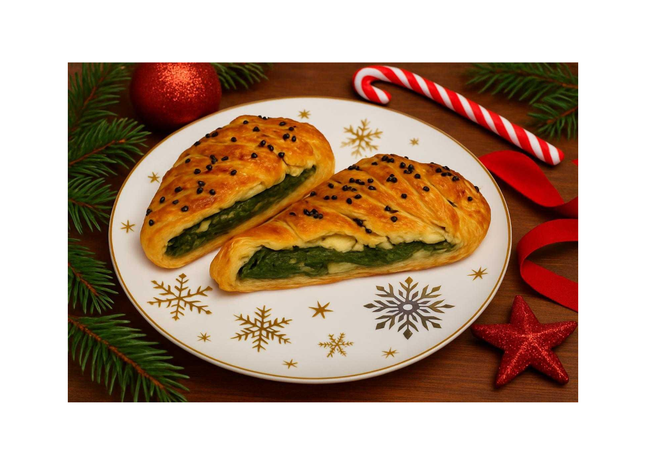 Rollo de Hojaldre c/EspinacaChampiñones, queso jamón 1k Navideño