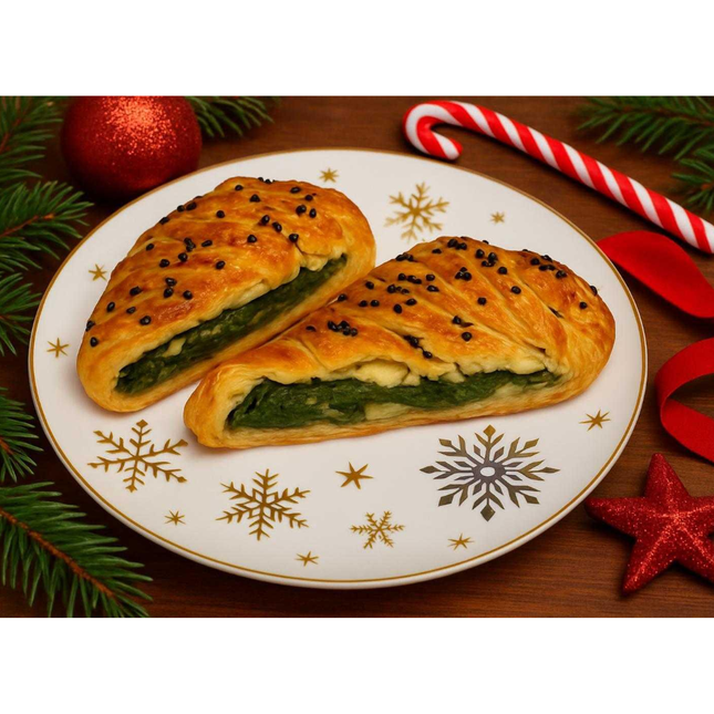 Rollo de Hojaldre c/EspinacaChampiñones, queso jamón 1k Navideño